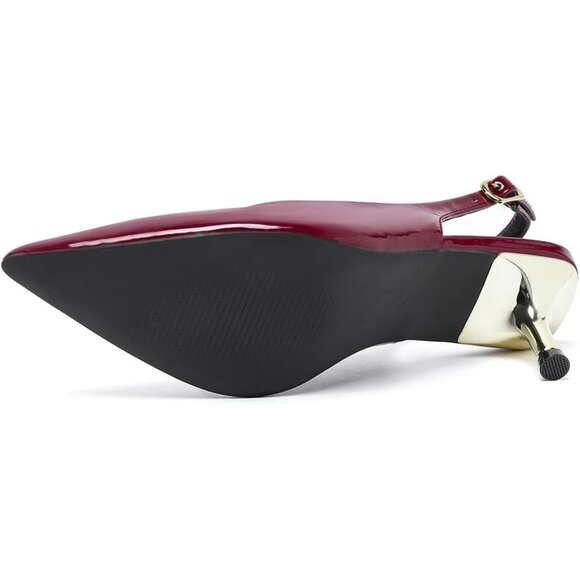 Amoji Womens Burgundy Low Kitten Heels Slingback Pump Pointed Toe With Buckle - Picture 4 of 7